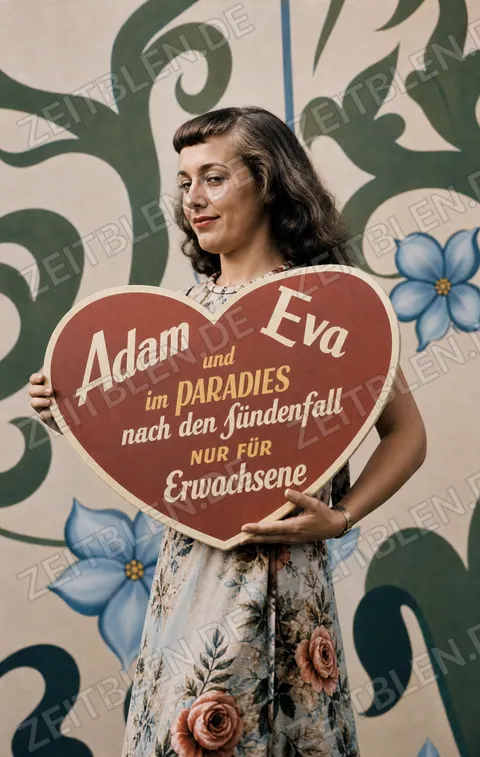 Schaustellerin macht Werbung für das das Stück Adam und Eva auf dem Oktoberfest in München.