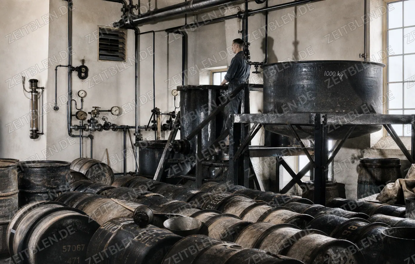 Tankraum mit Fässern der Chemiefabrik Rudolf