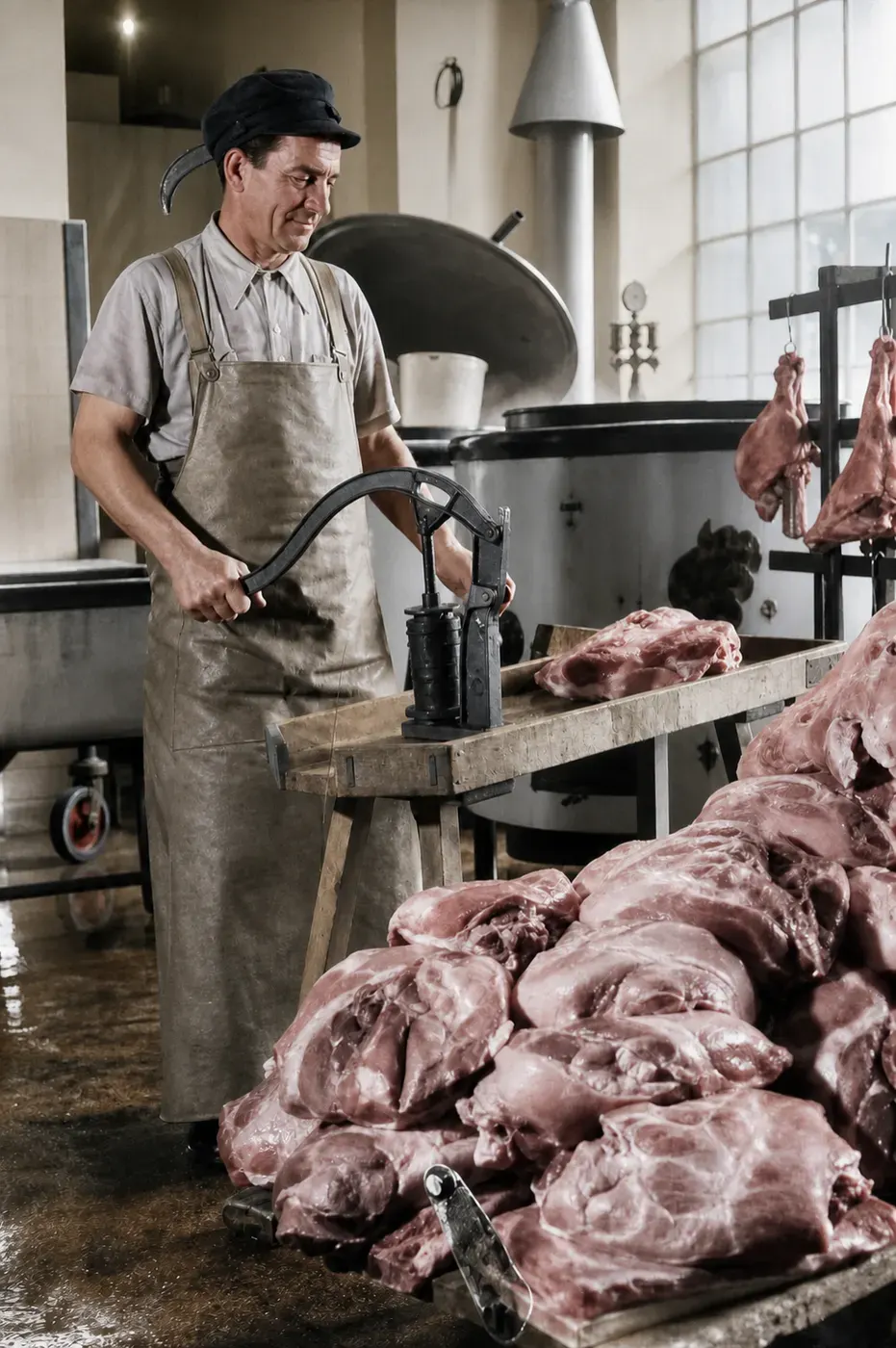 Fleischverarbeitung mit Hebezeug in der Metzgerei Gschaider
