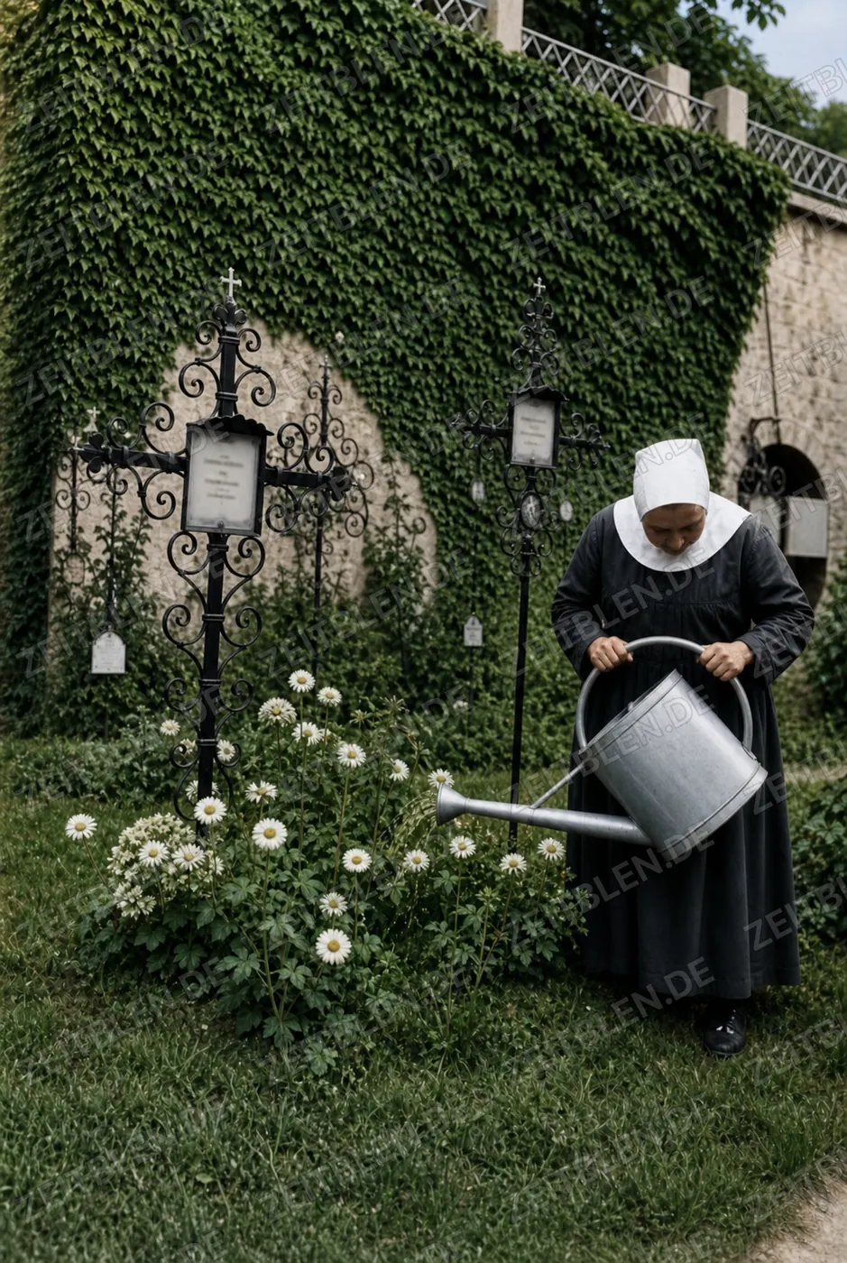 Ordensfrau bei der Pflege eines Klostergartens