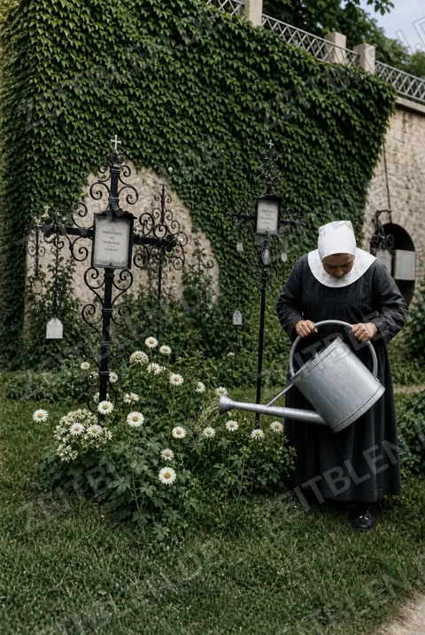 Ordensfrau bei der Pflege eines Klostergartens