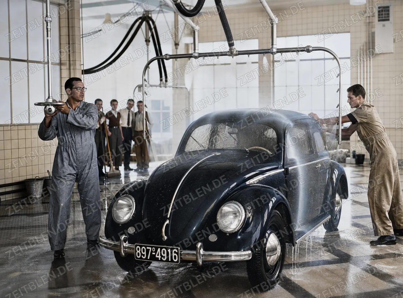 Inszenierte MAHAG-Aufnahme eines VW Käfers in der Waschhalle