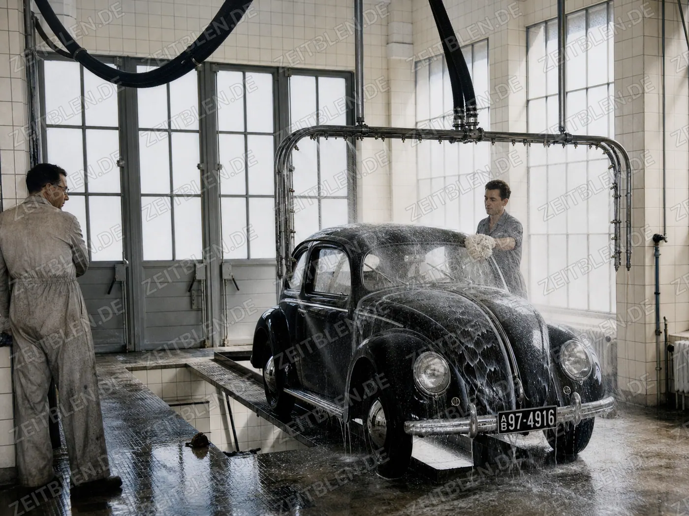 VW Käfer unter der Sprühanlage der MAHAG-Waschhalle