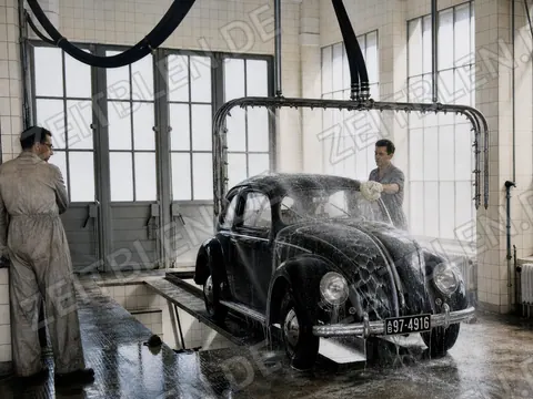 VW Käfer unter der Sprühanlage der MAHAG-Waschhalle