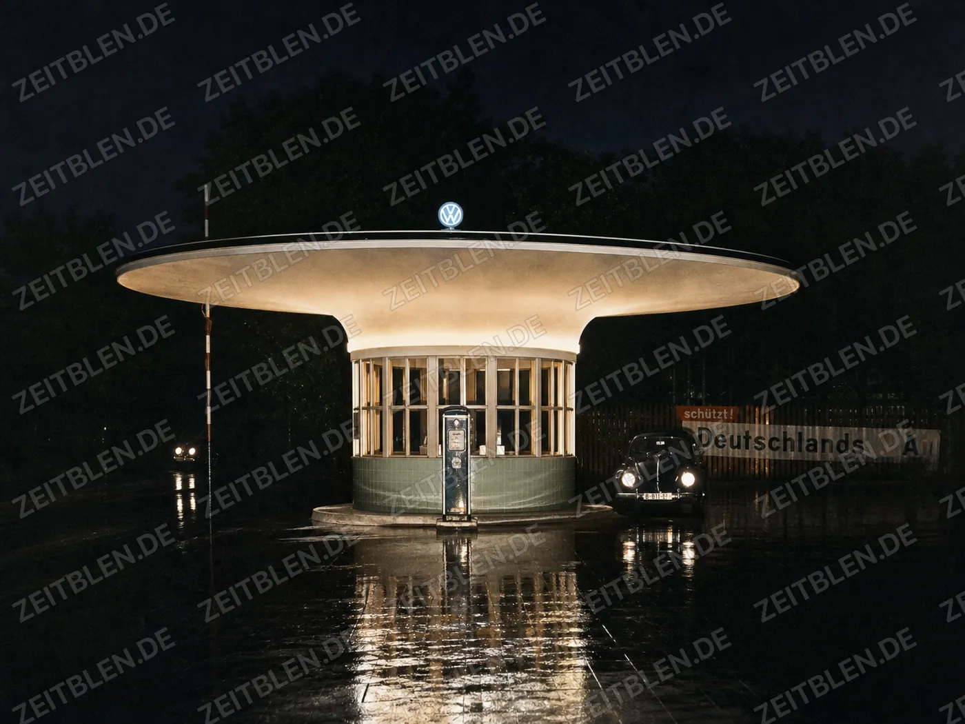 Nächtlicher MAHAG-Pavillon mit Fahrzeugen in München
