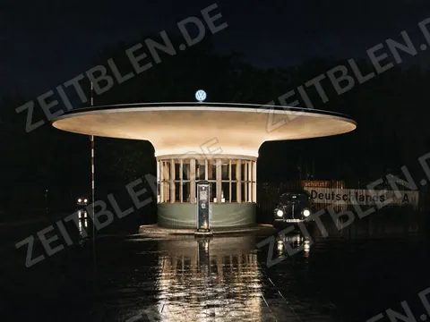 Nächtlicher MAHAG-Pavillon mit Fahrzeugen in München