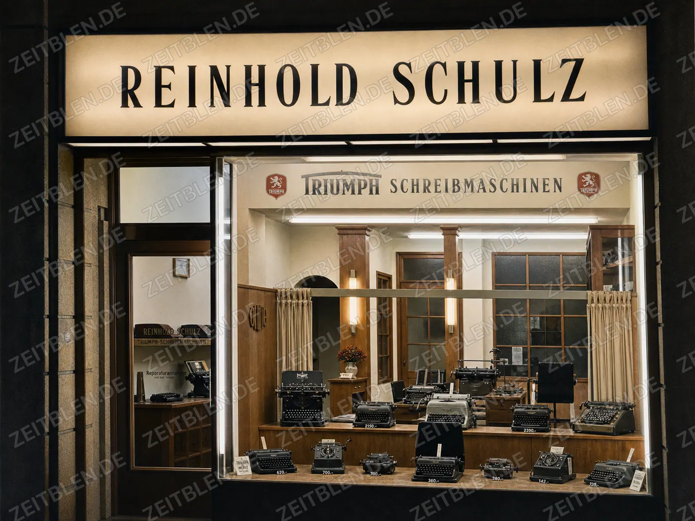 Schaufenster von Reinhold Schulz mit Triumph-Schreibmaschinen in München