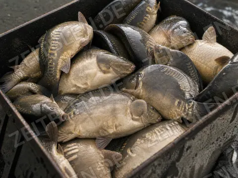 Geerntete Karpfen in einem Behälter beim Abfischen