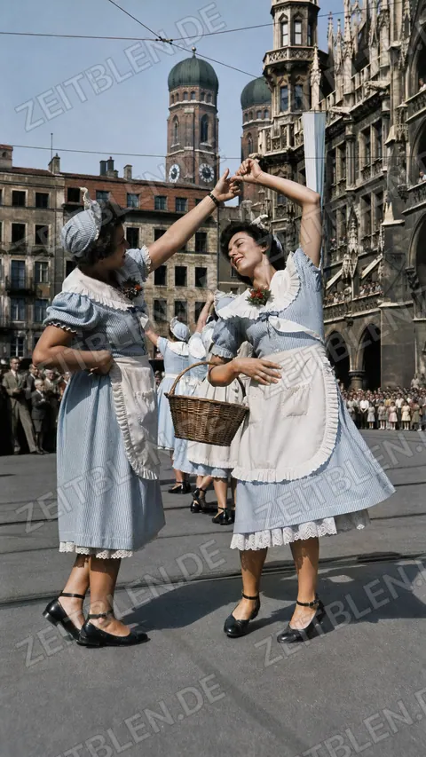 Trachtentänzerinnen im Oktoberfestzug vor der Frauenkirche