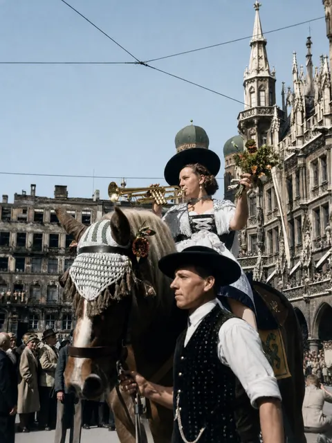 Reitergruppe in Tracht beim Oktoberfestzug auf dem Marienplatz