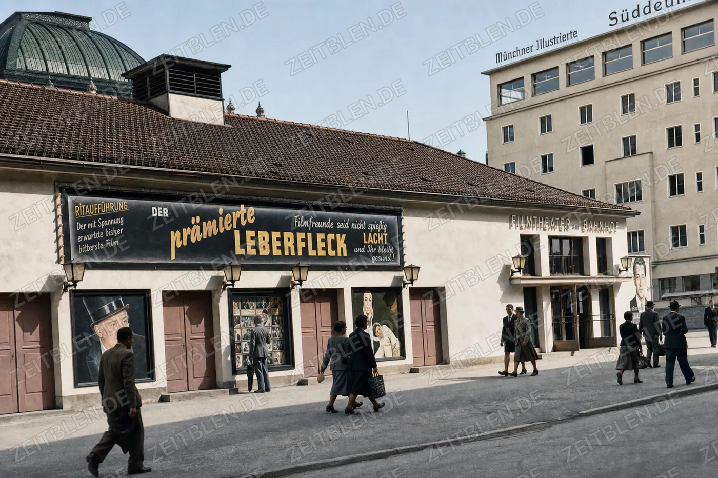 Filmtheater am Bahnhof mit Werbung für „Der prämierte Leberfleck“