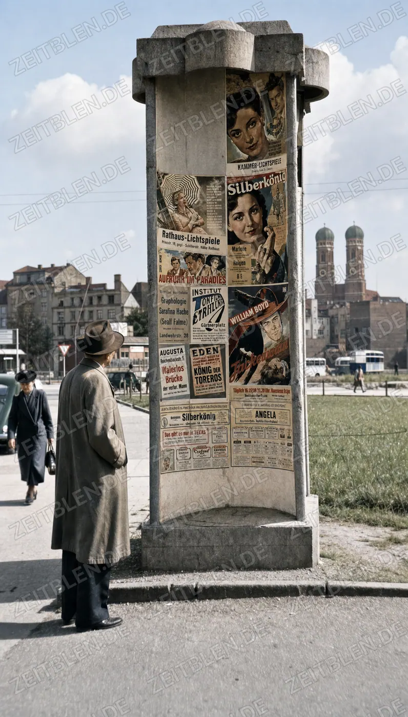 Litfaßsäule mit Kinoplakaten vor der Frauenkirche