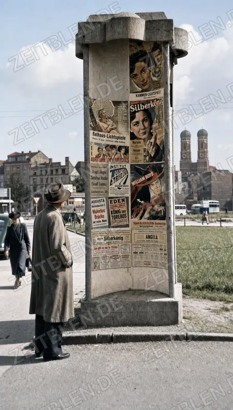Litfaßsäule mit Kinoplakaten vor der Frauenkirche
