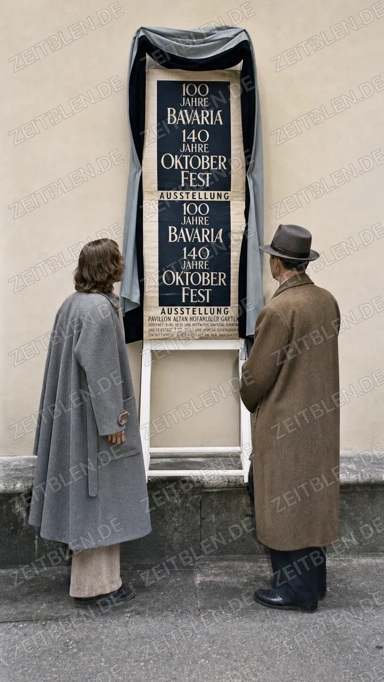 Besucher vor Plakat „100 Jahre Bavaria, 140 Jahre Oktoberfest“