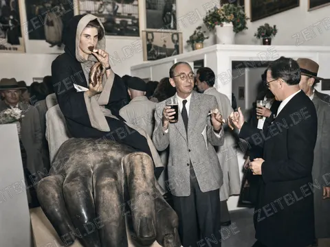 Besucher mit Brezen in der Bavaria-Jubiläumsausstellung