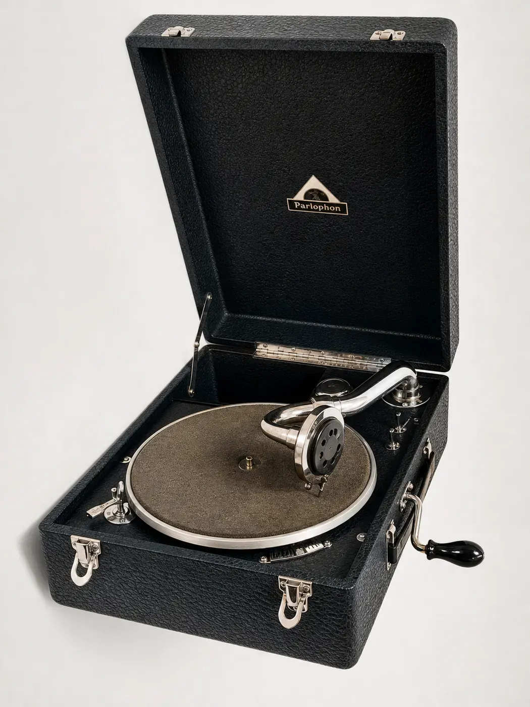 Tragbares Koffergrammophon mit Kurbel und Tonarm