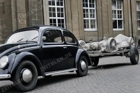 VW Käfer mit Anhänger und Museums-Fahrgestell