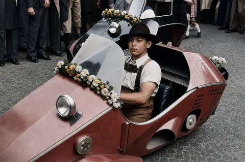 im geschmückten Auto beim Oktoberfestzug 1949