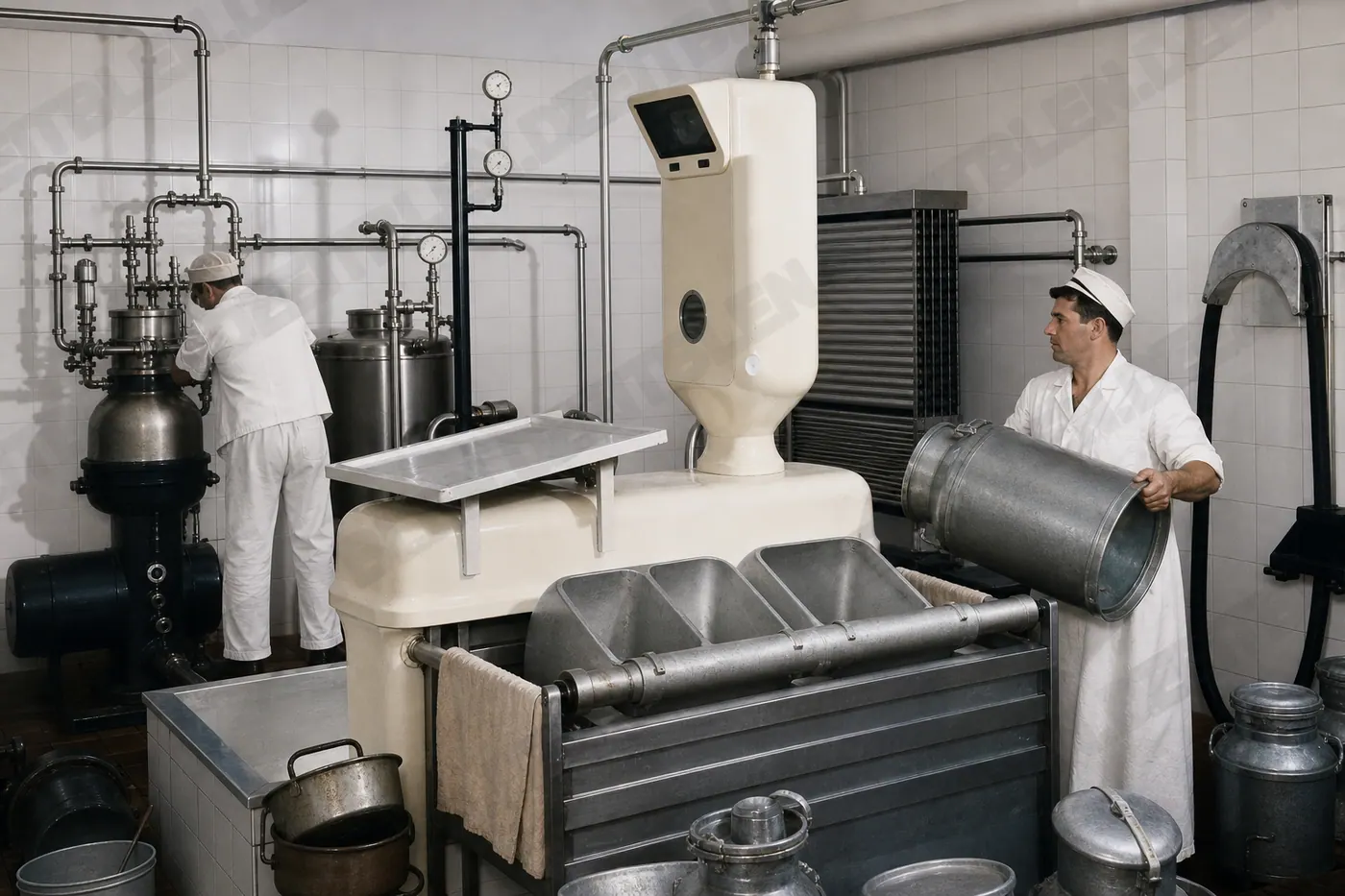 Milchverarbeitung im Produktionsraum der Molkerei Reindl