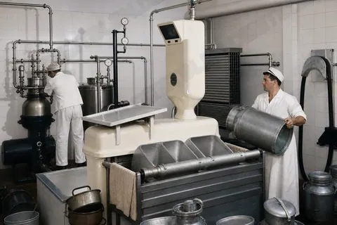 Milchverarbeitung im Produktionsraum der Molkerei Reindl