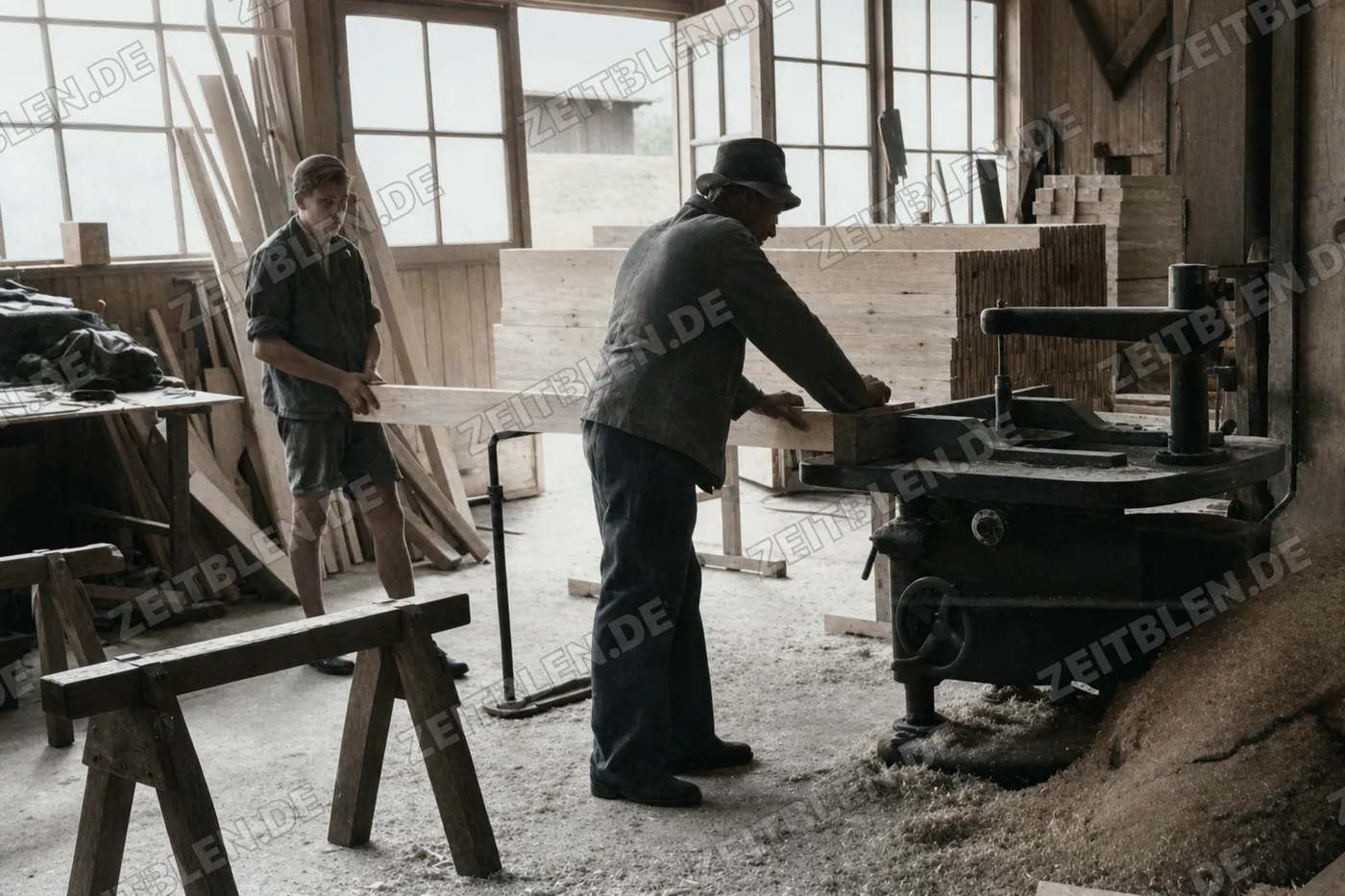 Arbeit an der Holzbearbeitungsmaschine im Sägewerk Hatz