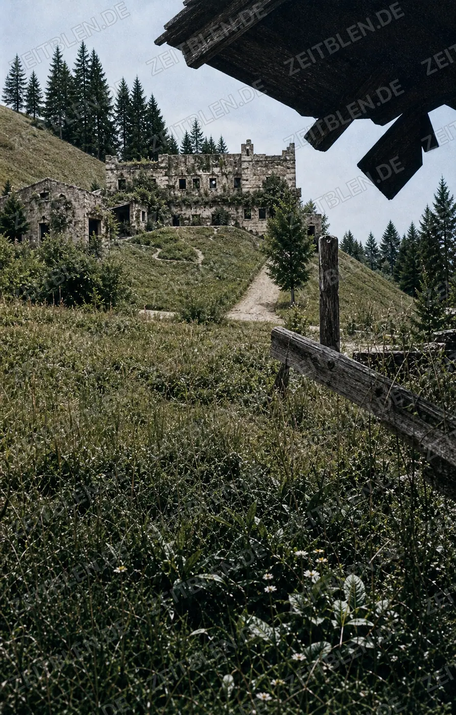 Blick durch Vegetation auf die Berghof-Ruinen