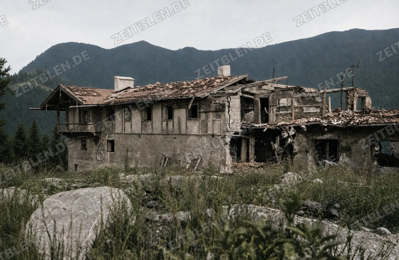 Beschädigter Baukörper der Berghof-Ruine
