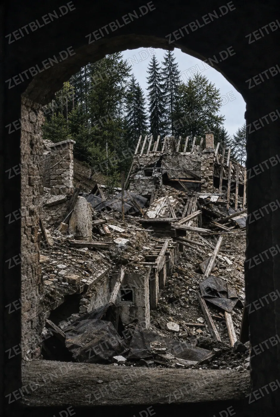 Blick durch eine Öffnung auf Trümmer des Berghofs