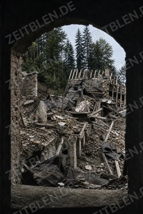 Blick durch eine Öffnung auf Trümmer des Berghofs