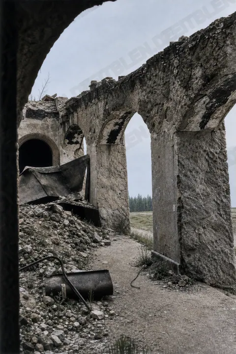 Innenansicht zerstörter Mauern am Berghof