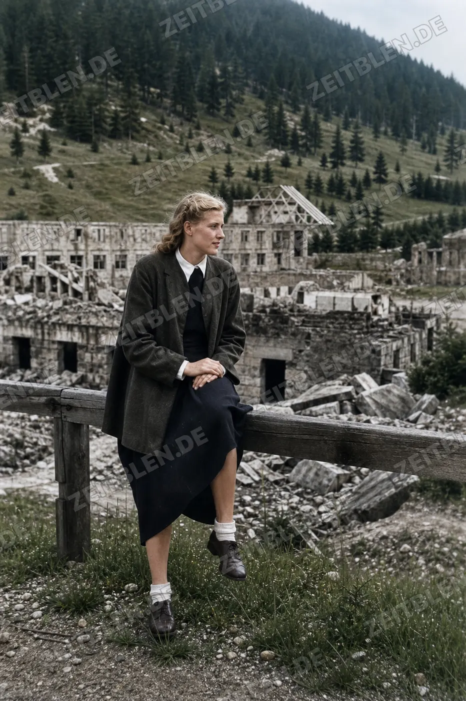 Amerikanische Journalistin vor den Ruinen am Obersalzberg