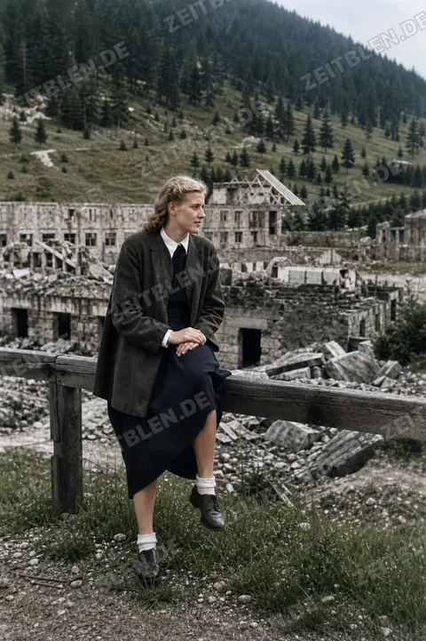 Amerikanische Journalistin vor den Ruinen am Obersalzberg