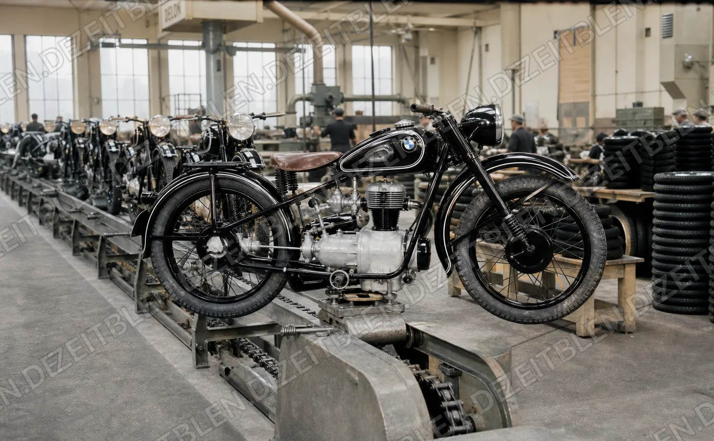 BMW-Motorräder auf der Montagelinie, 1949