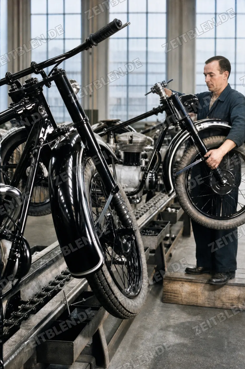 BMW-Motorrad auf Prüfstand oder Werkvorrichtung, München 1949