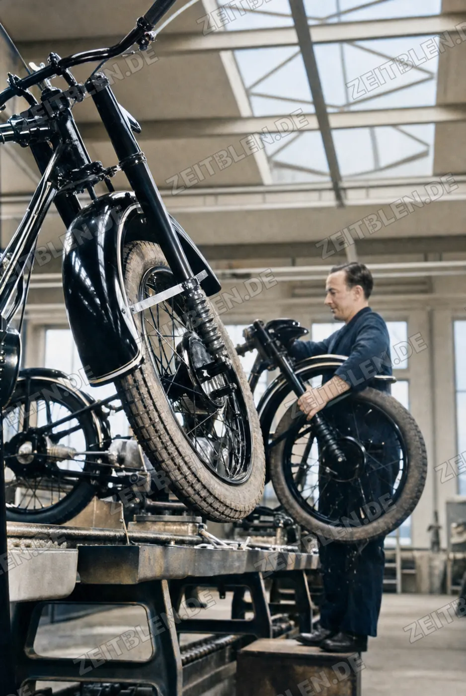 BMW-Motorrad in Werkhalle auf technischer Vorrichtung, 1949