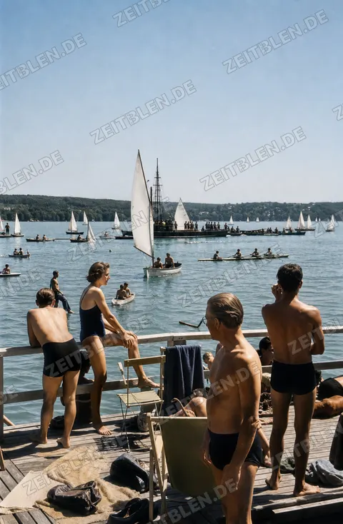 Badegäste am Geländer mit Seeblick, Starnberg 1949