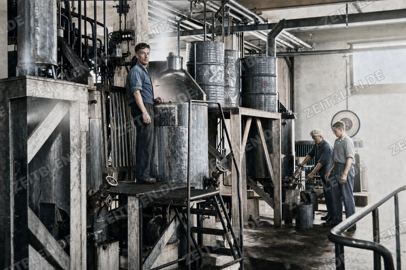 Arbeiter an Produktionsanlage der chemischen Fabrik Dr. Böhme
