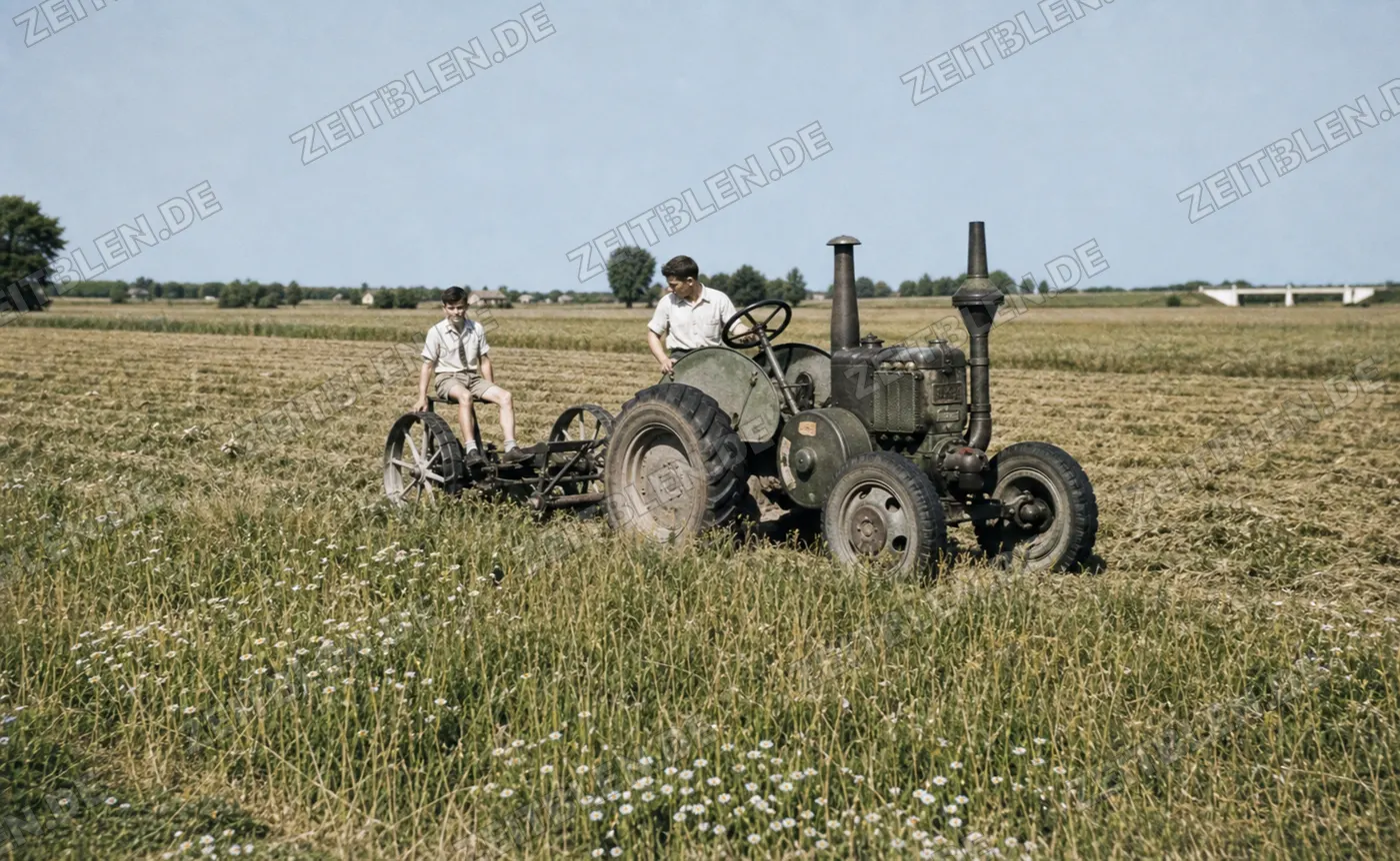 Traktor mit Feldgerät bei der Erntearbeit, 27. August 1949
