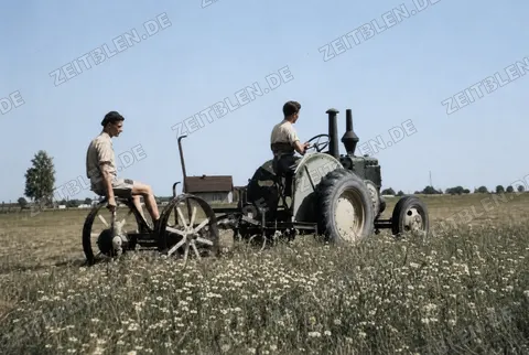 Traktor mit Arbeitsgerät und zwei Feldarbeitern, 27. August 1949