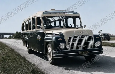 Frontansicht eines modernen Autobus-Oberbayern-Busses, 1949