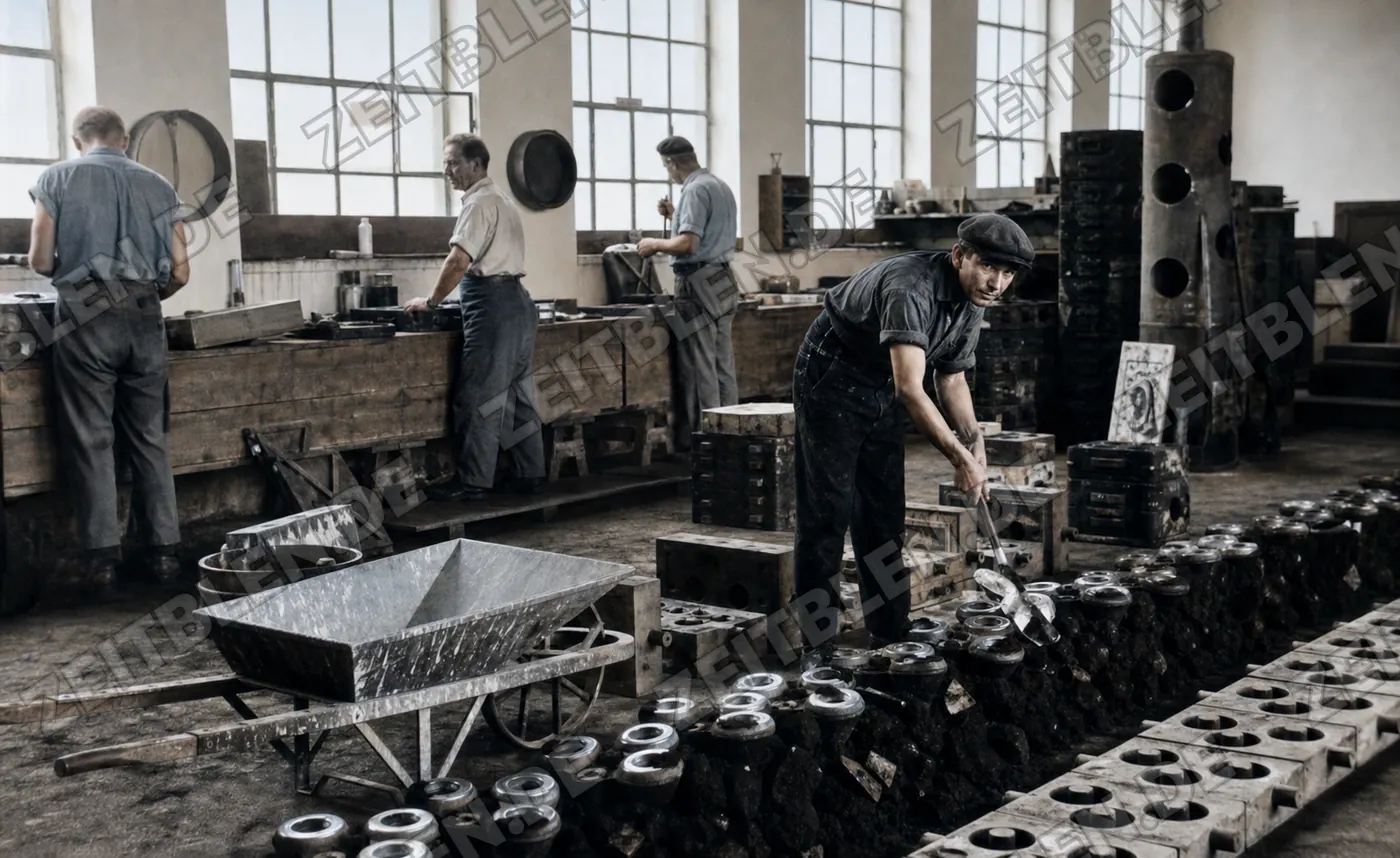 Arbeiter in der Aluminiumgießerei Pfefferkorn in München, 1949