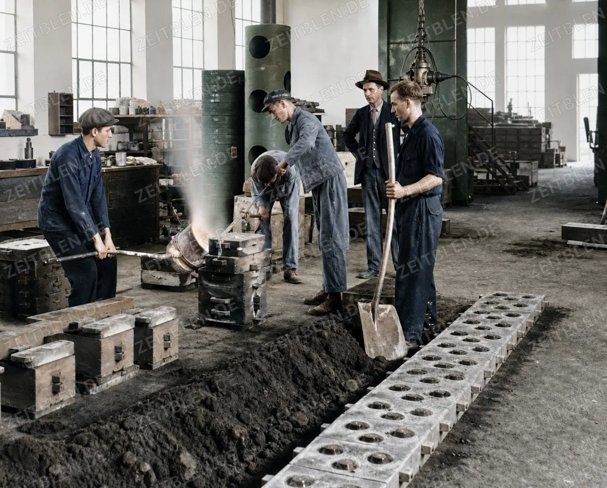 Sandgussarbeit in der Aluminiumgießerei Pfefferkorn, 1949