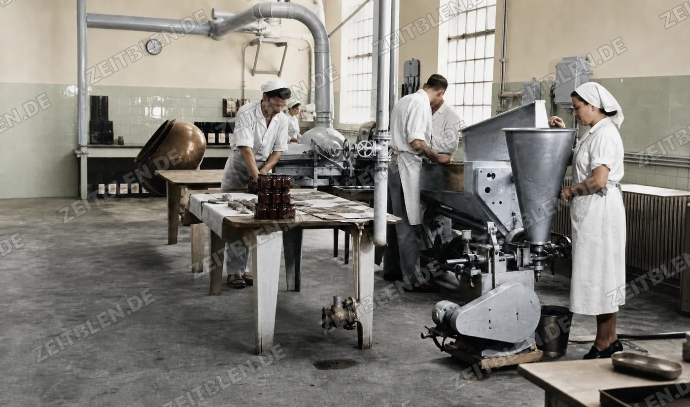 Abfüllraum der Konfitürenfabrik Heim in Gartenberg, 1949