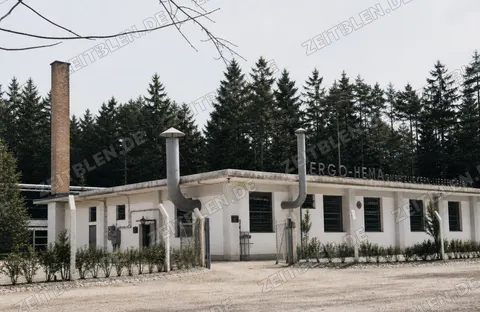 Außenansicht der ERGO-HEMA-Fabrik in Gartenberg, 1949