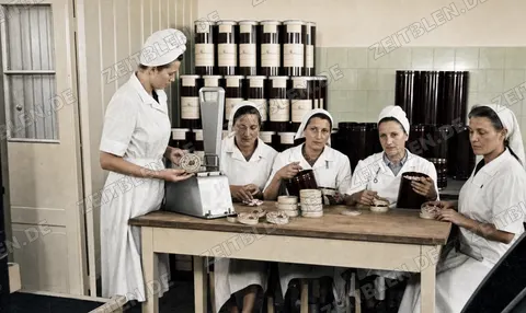 Etikettierung in einer Konfitürenfabrik in Gartenberg, 1949