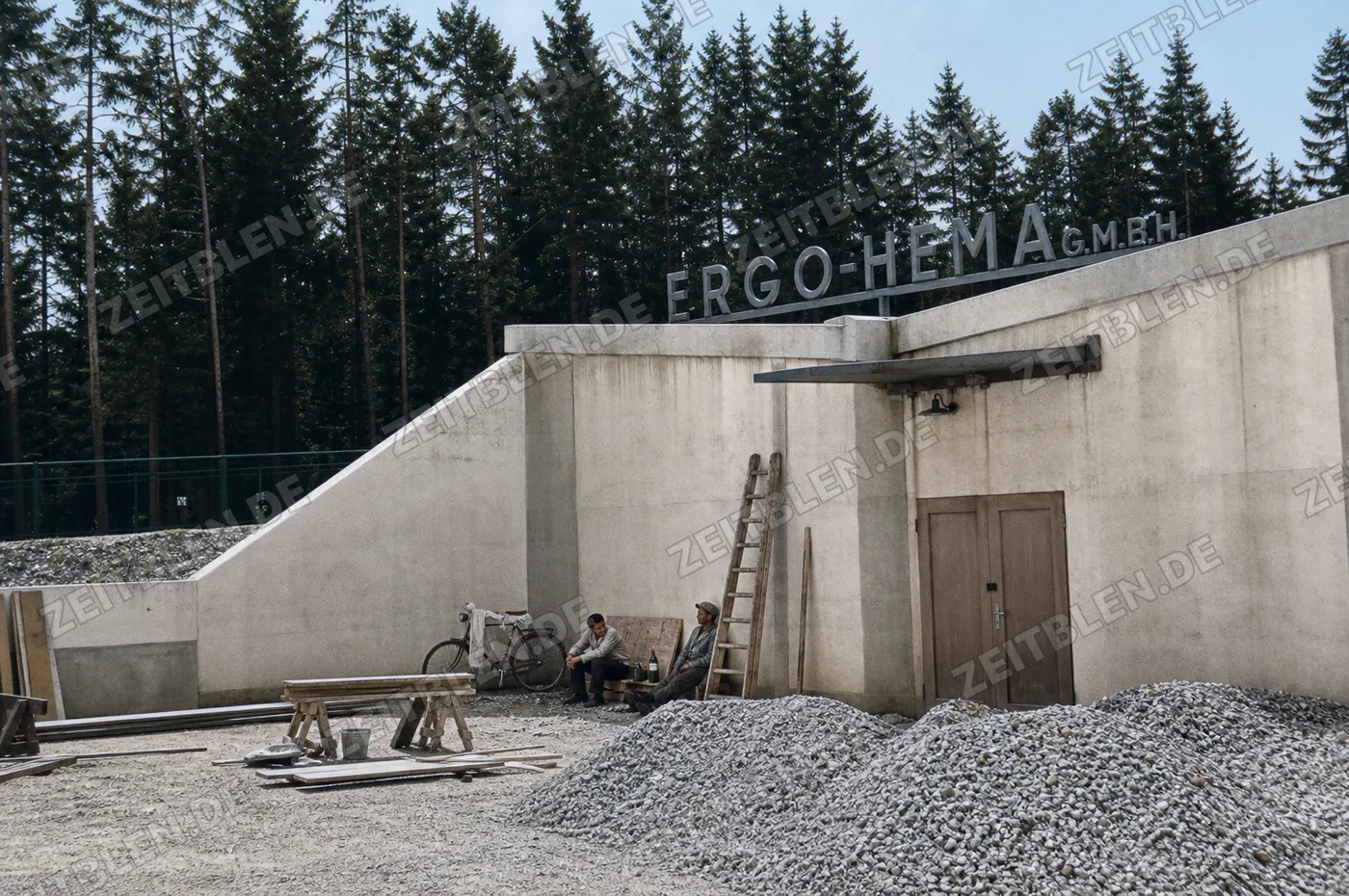 Seitenansicht der ERGO-HEMA-Fabrik in Gartenberg, 1949