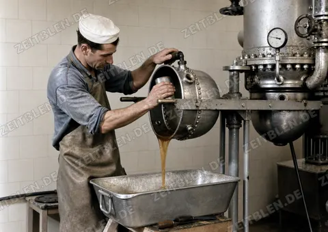 Kesselarbeit in einer Konfitürenfabrik in Gartenberg, 1949