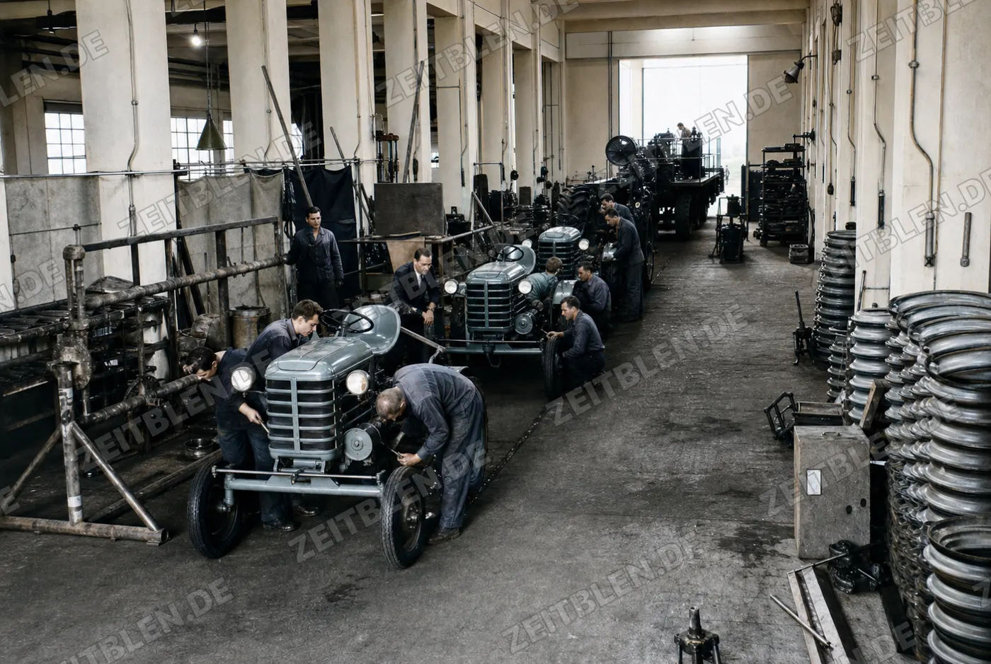 Montagehalle von Fahrzeugbau Alpenland, 17. August 1949