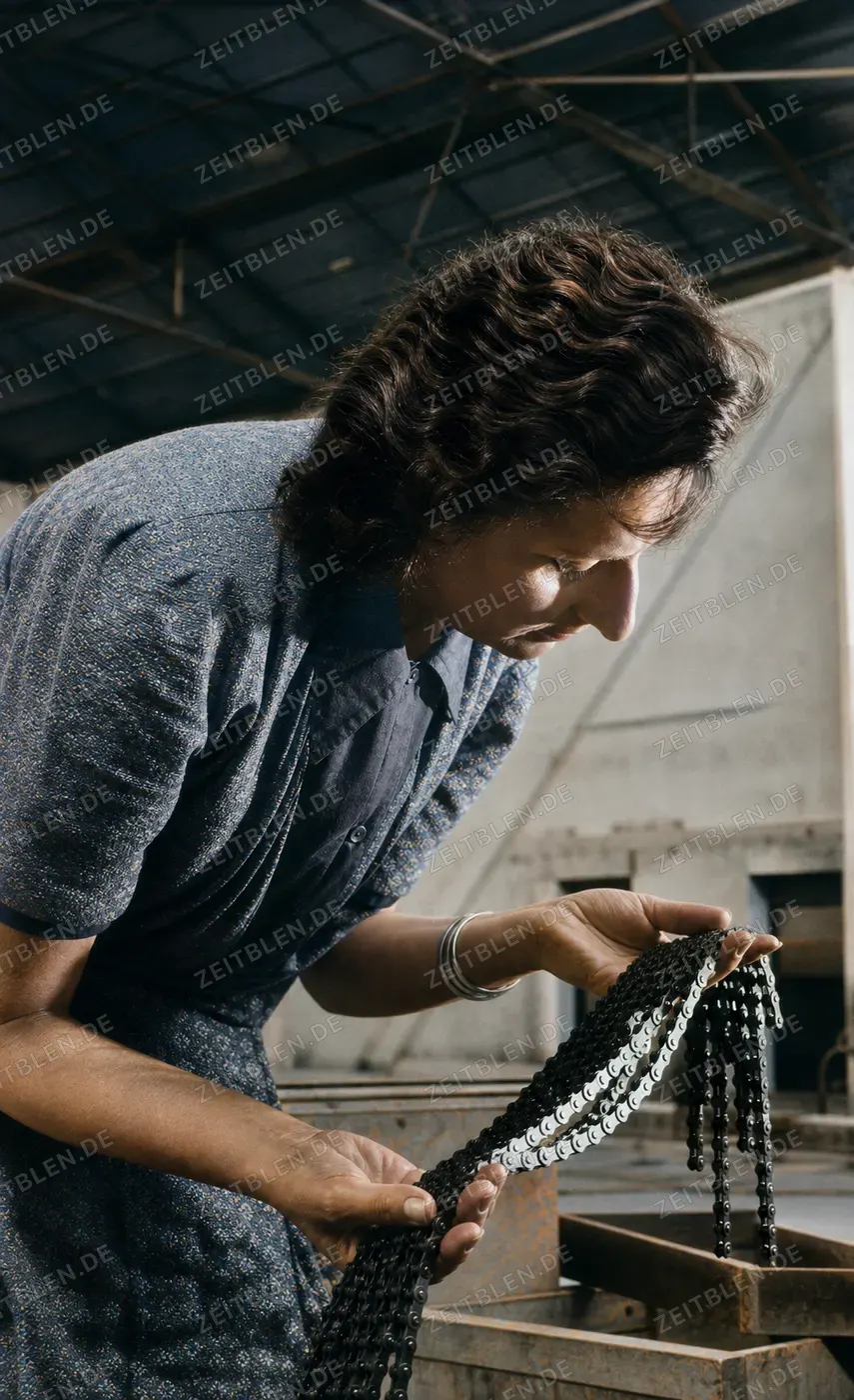 Sichtprüfung eines Kettensegments in den Bayerischen Kettenwerken, 1949