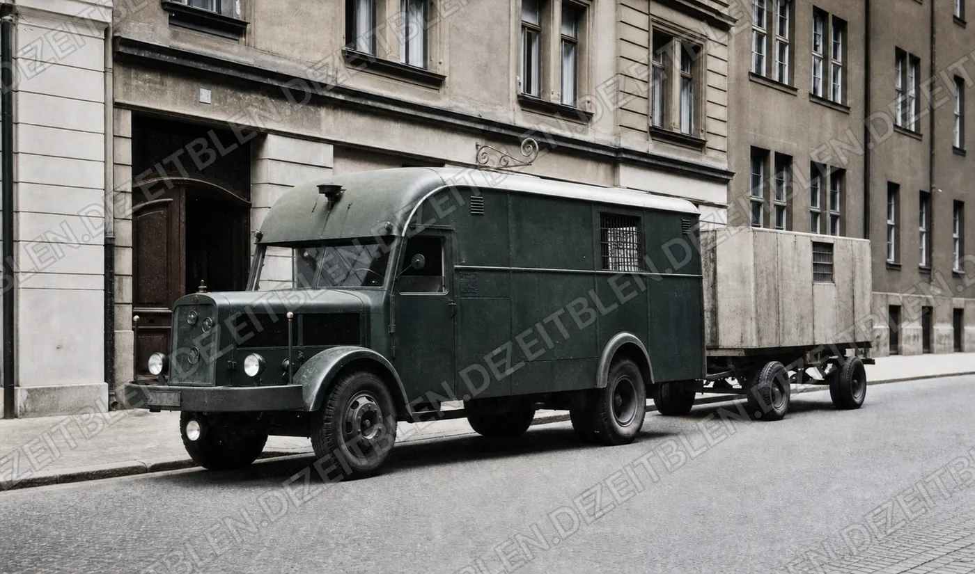 Merkantil-Fernlastzug in einer Münchner Straße, 1949